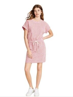 Lou & Grey Striped Boucle Mini Dress Drawstring Waist Pockets Red White XL NWT